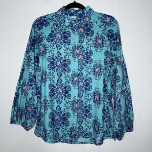 Modaposa Women’s Floral Cotton Button Up Top Long Sleeve Blue Size Small